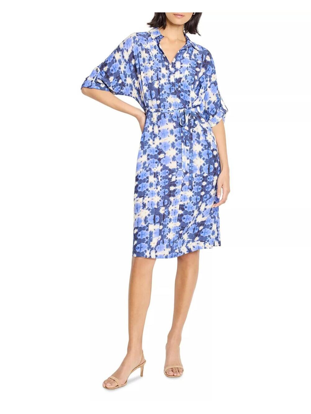 198$ NIC+ZOE Devon Shibori Dyed Midi Dress Elbow-Length Sleeves Size XL Aqua
